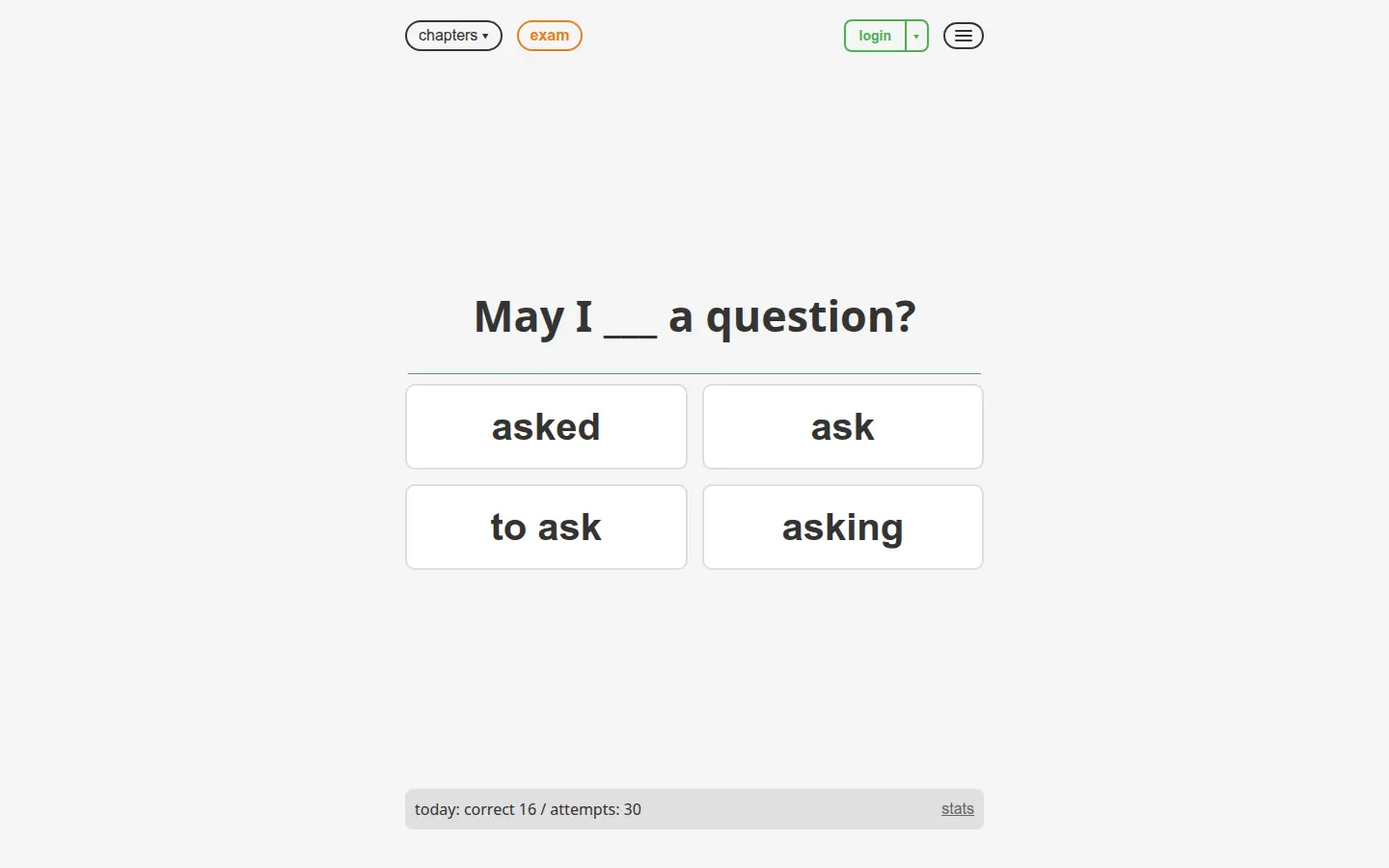 promsob English grammar trainer on a desktop browser showing a sentence completion question