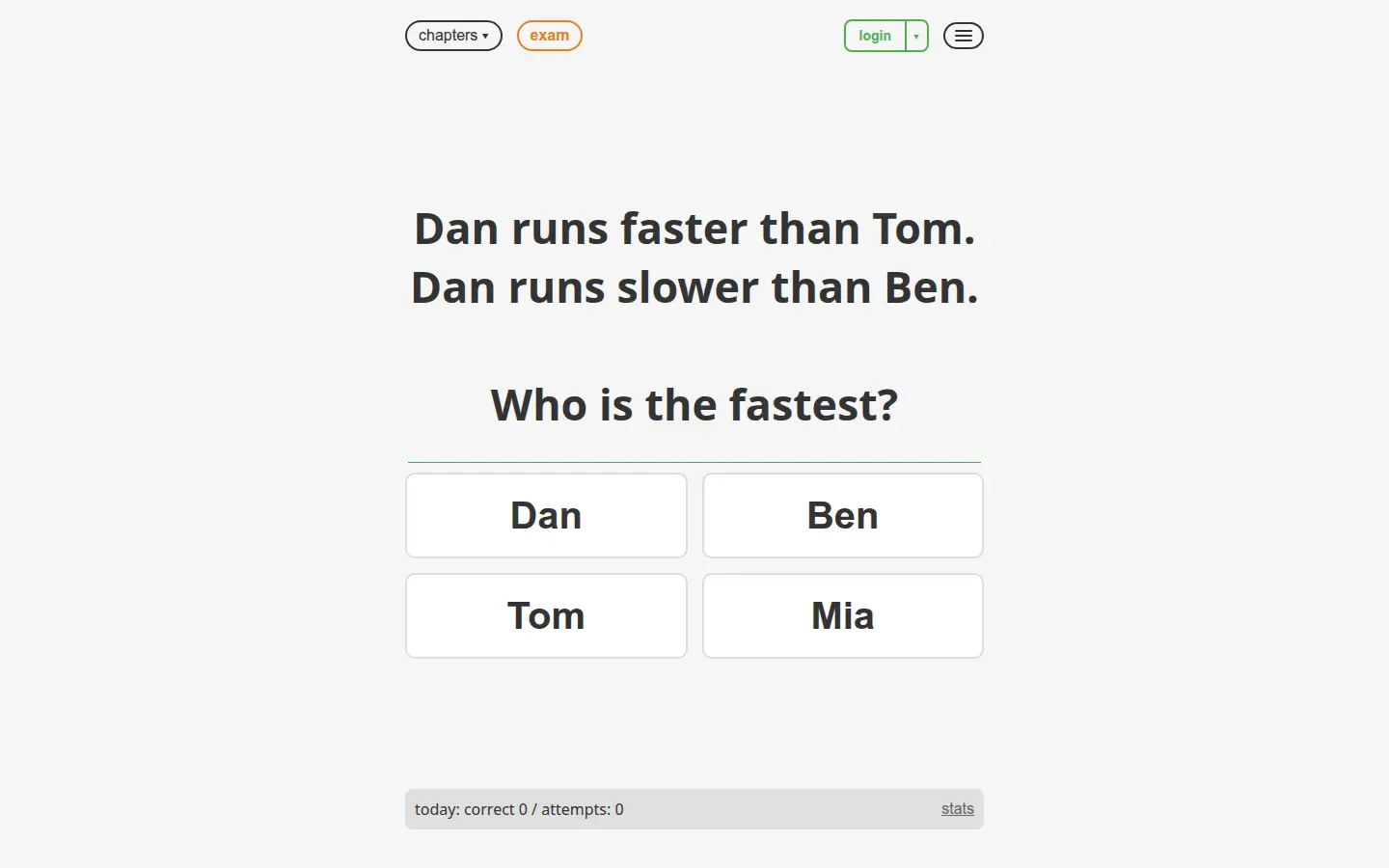 promsob logic trainer on a desktop browser showing a chain logic question with answer choices