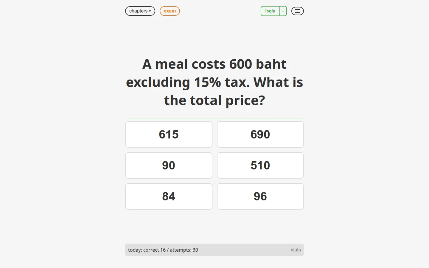 promsob math trainer on a desktop browser showing a percentage question with answer choices
