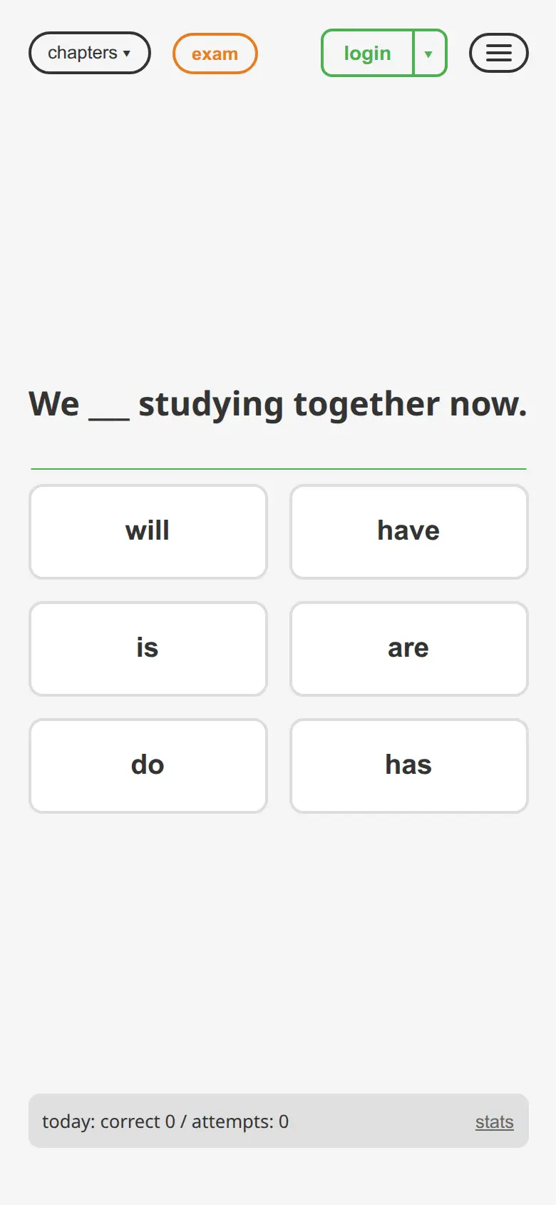 English grammar question: choose the correct auxiliary verb — four answer choices on a phone
