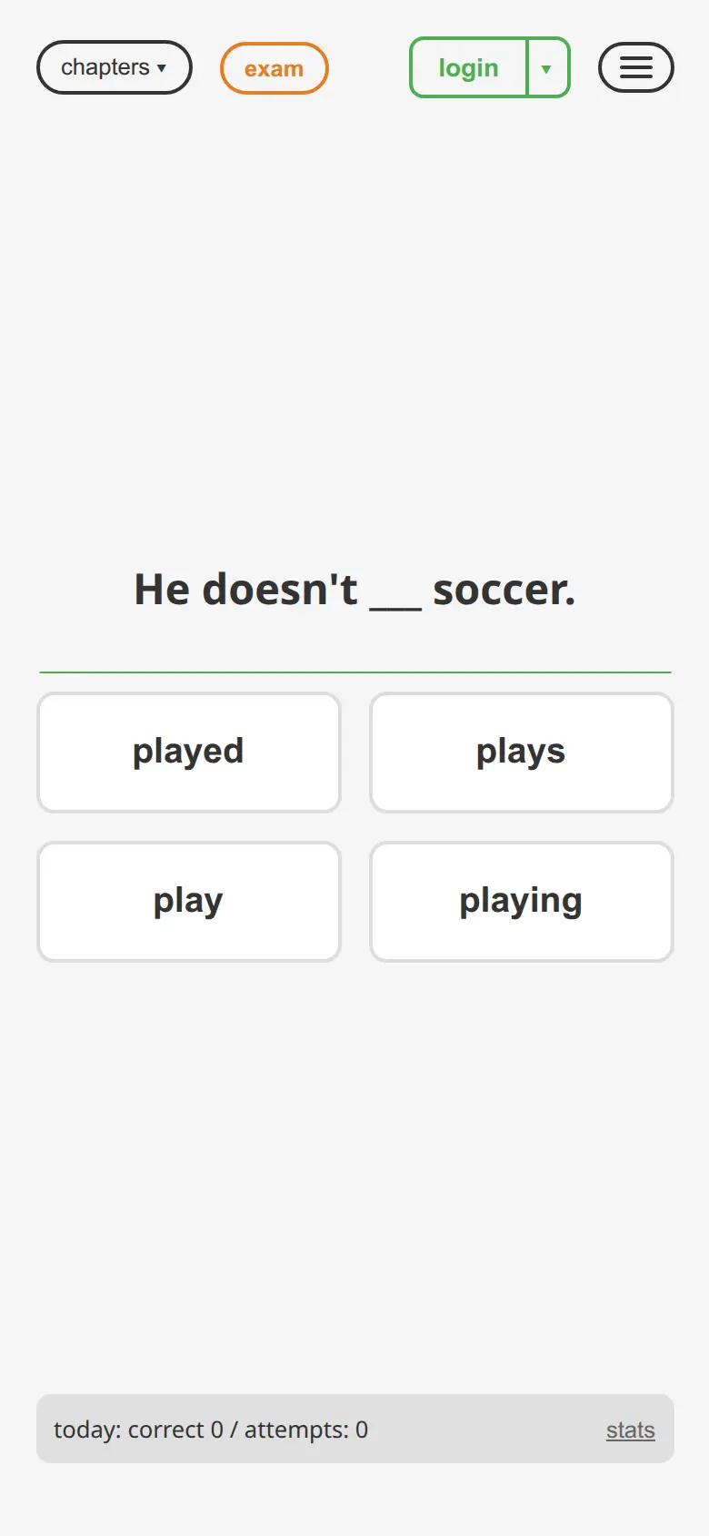 English grammar question: choose the correct verb pattern — four answer choices on a phone