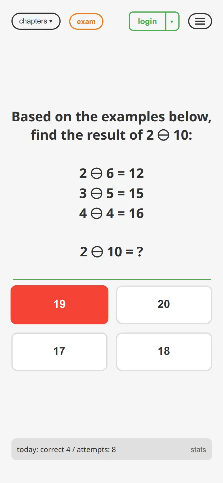 Wrong answer: symbol logic 2 minus 10 — selected option highlighted red