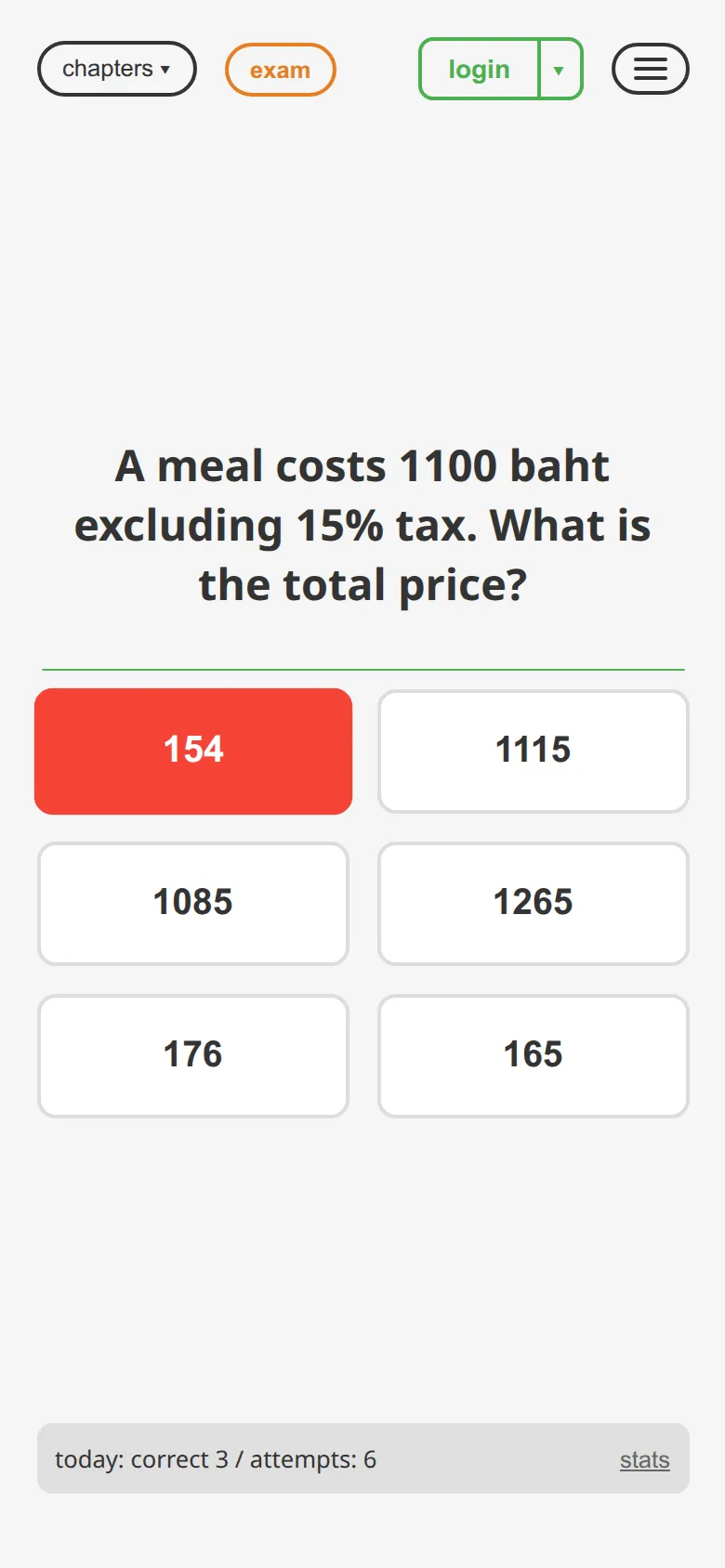 Wrong answer: A meal costs 1100 baht excluding 15% tax — selected option highlighted red