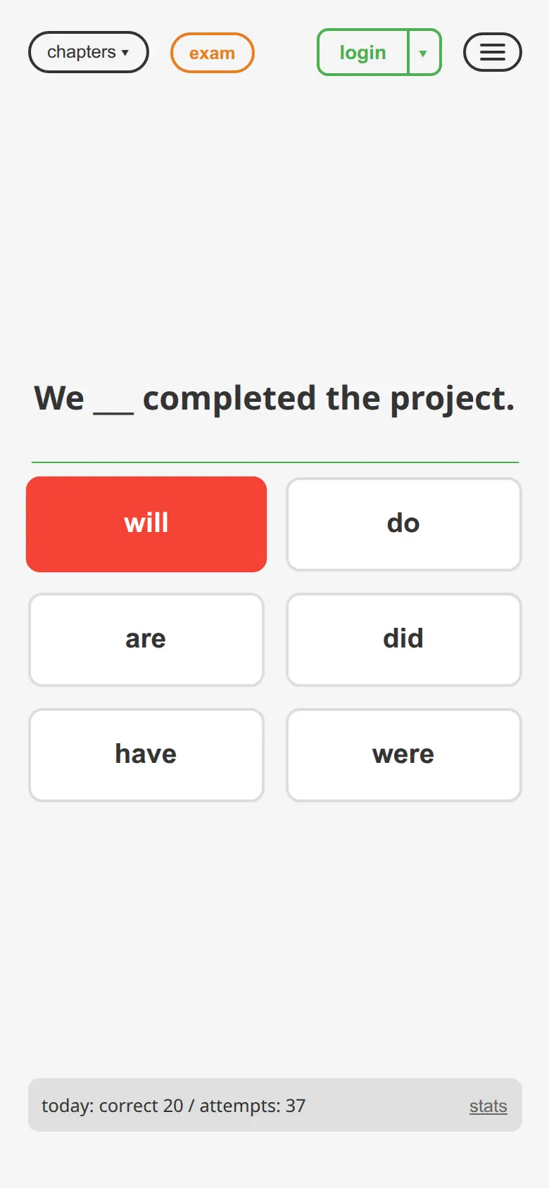 promsob app showing wrong answer feedback — selected option highlighted red