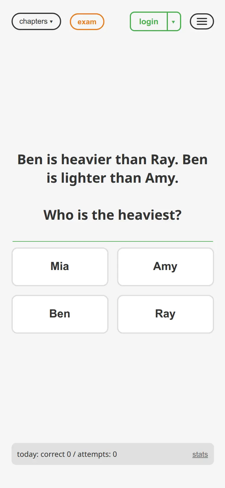 promsob app showing a logic question on a phone