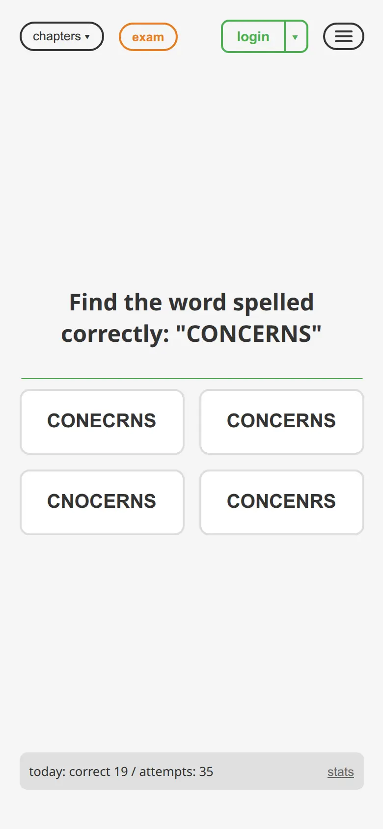 Attention question: find the correctly spelled word among similar options — answer choices on a phone