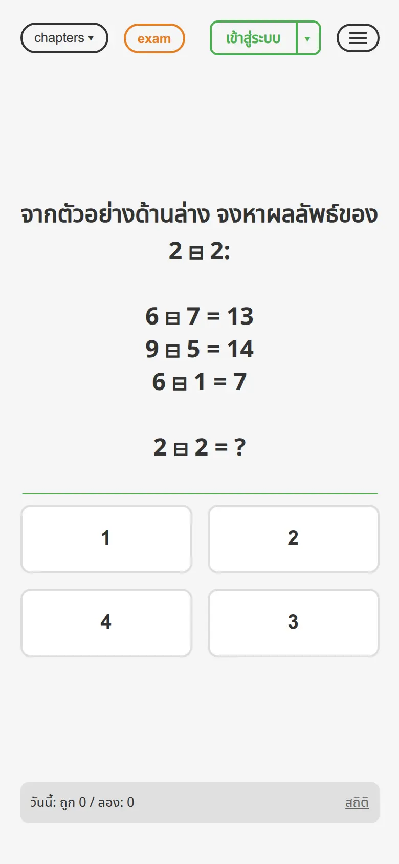 โจทย์ตรรก: หาผลลัพธ์ของ 4 ⊞ 4 จากตัวอย่าง 2⊞8=16, 2⊞4=8, 3⊞5=15 — ตัวเลือกบนมือถือ