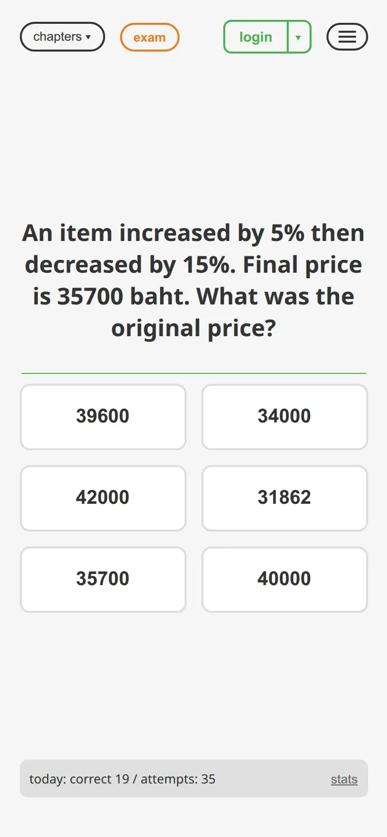promsob app showing a math percentages question on a phone
